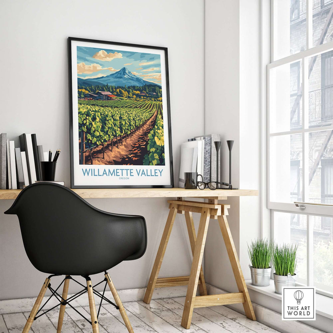 Willamette Valley travel poster showcasing vibrant vineyards and mountains in a stylish home office setting.