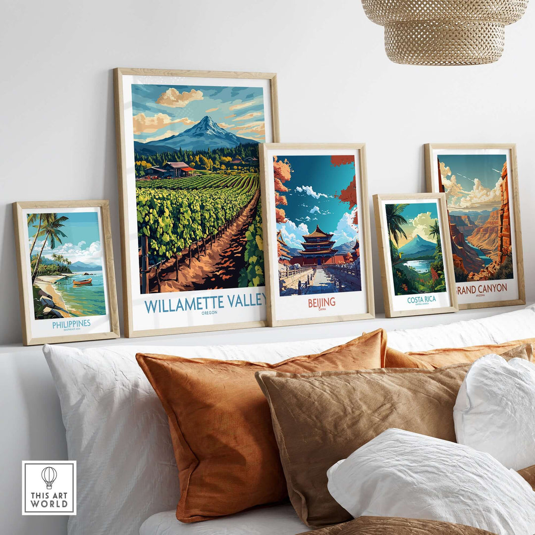 Colorful travel posters including Willamette Valley, showcasing vibrant landscapes and landmarks from around the world.