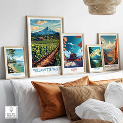 Willamette Valley Travel Poster displayed among other travel posters in a stylish interior setting.