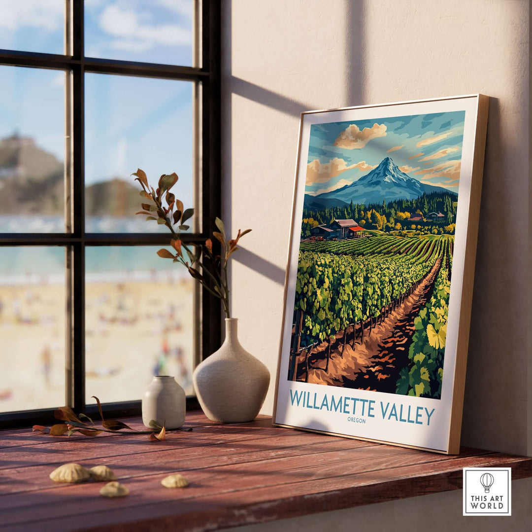 Willamette Valley travel poster showcasing vineyards and mountain views, ideal for wine lovers and travel enthusiasts.