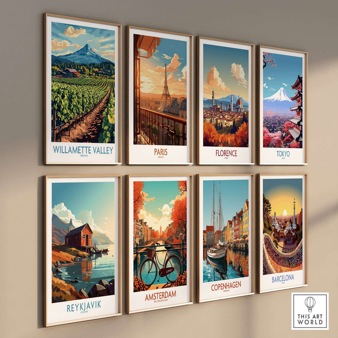 Collection of travel posters featuring Willamette Valley, Paris, Florence, Tokyo, Reykjavik, Amsterdam, Copenhagen, and Barcelona.