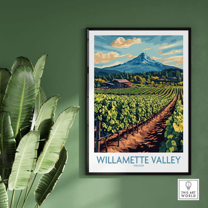 Willamette Valley travel poster showcasing vineyards and mountains, a vibrant representation of Oregon's natural beauty.