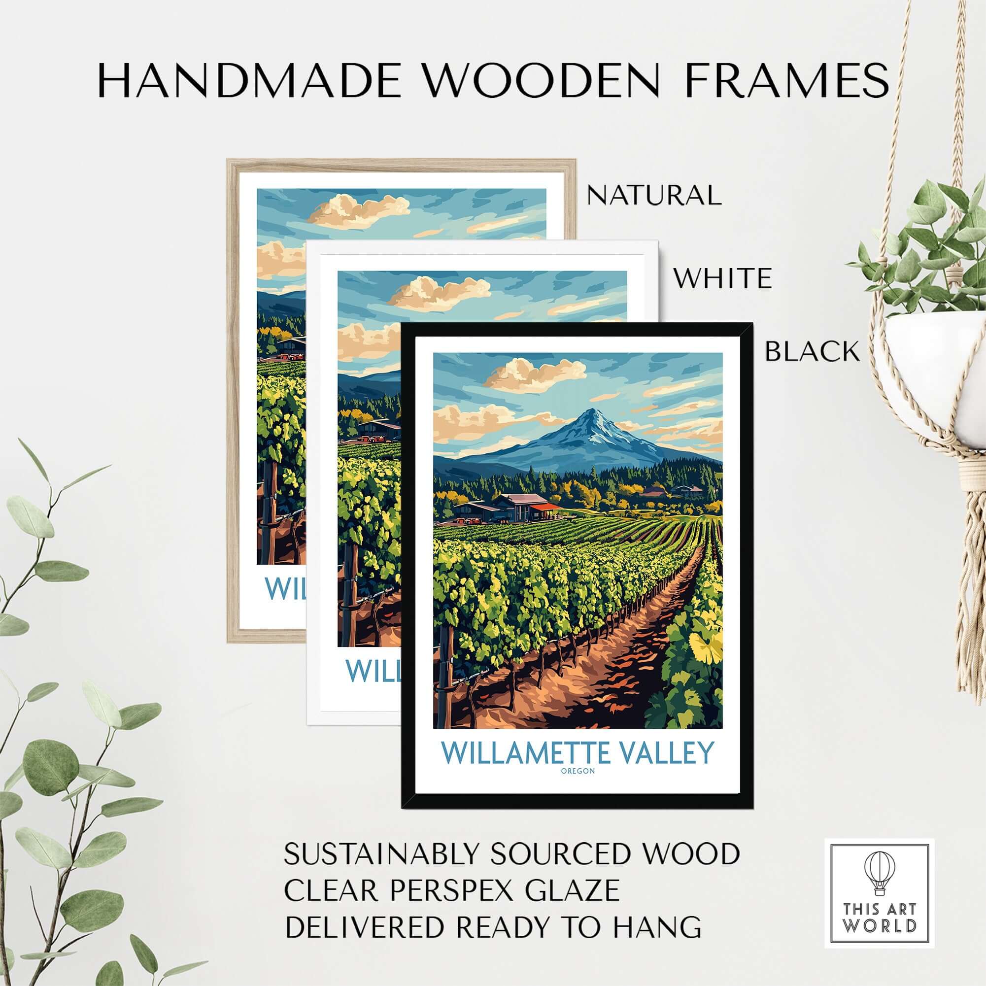 Handmade wooden frames for Willamette Valley Travel Poster in natural, white, and black styles.
