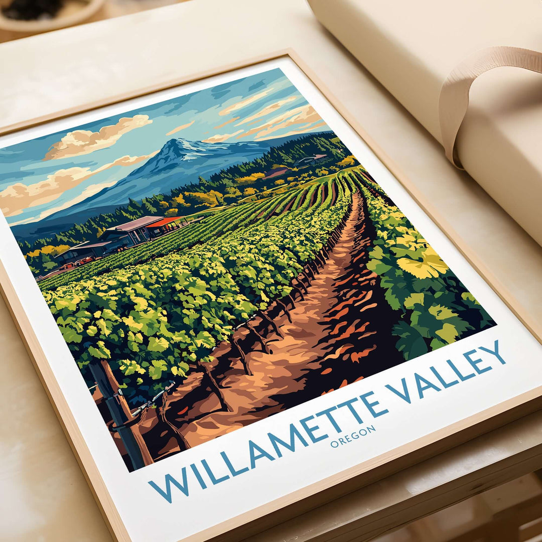 Willamette Valley travel poster showcasing Oregon's vineyards and mountains, perfect for wine lovers and travel enthusiasts.