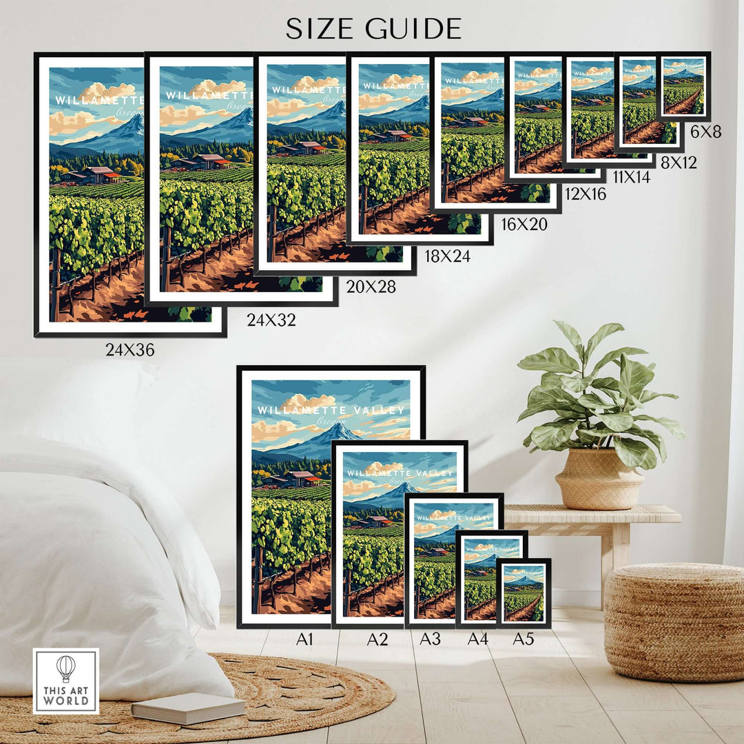 Willamette Valley travel print size guide showcasing various frame sizes against a cozy home setting.