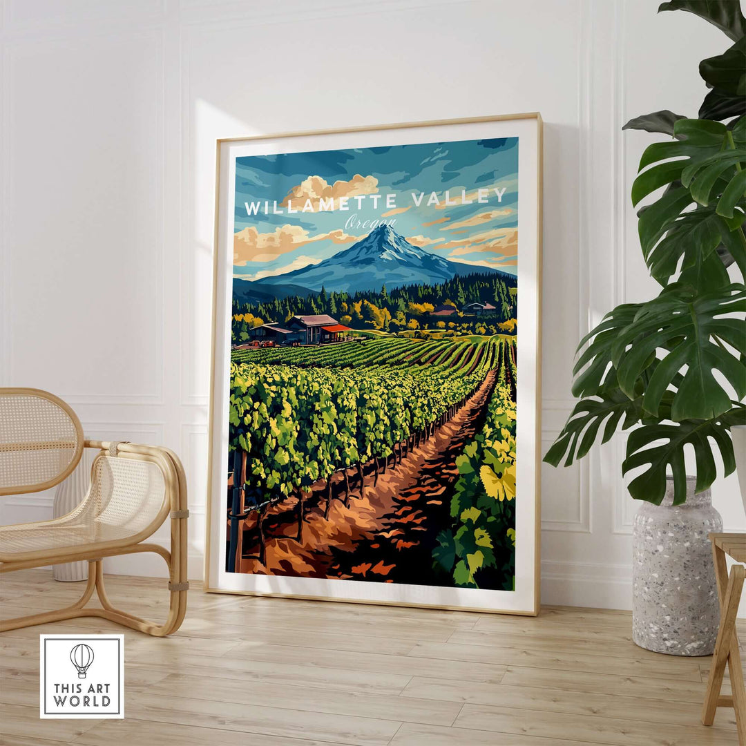 Willamette Valley travel print showcasing lush vineyards and mountains, perfect for wine lovers and decor enthusiasts.