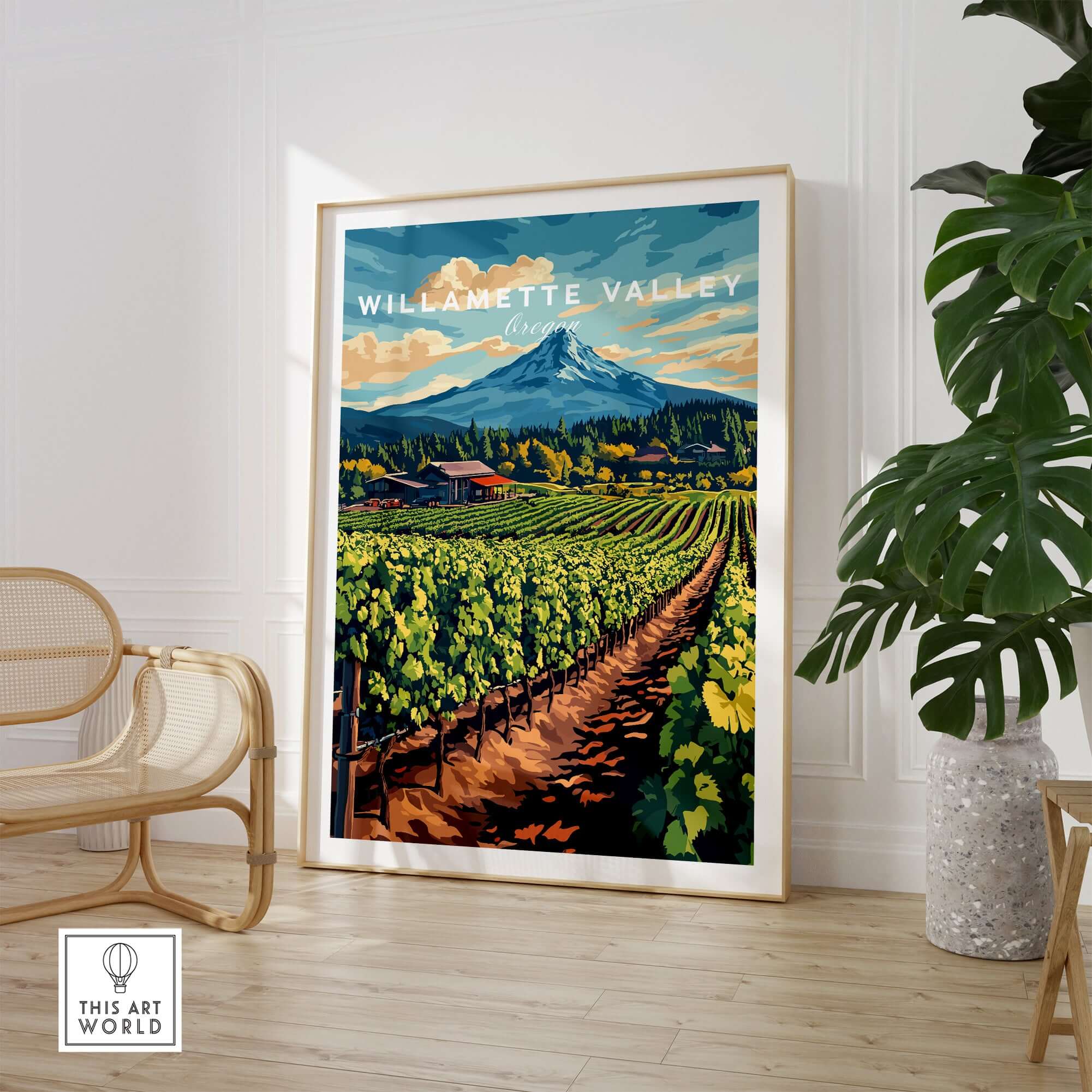 Willamette Valley Travel Print showcasing lush vineyards and breathtaking scenery of Oregon's wine region.