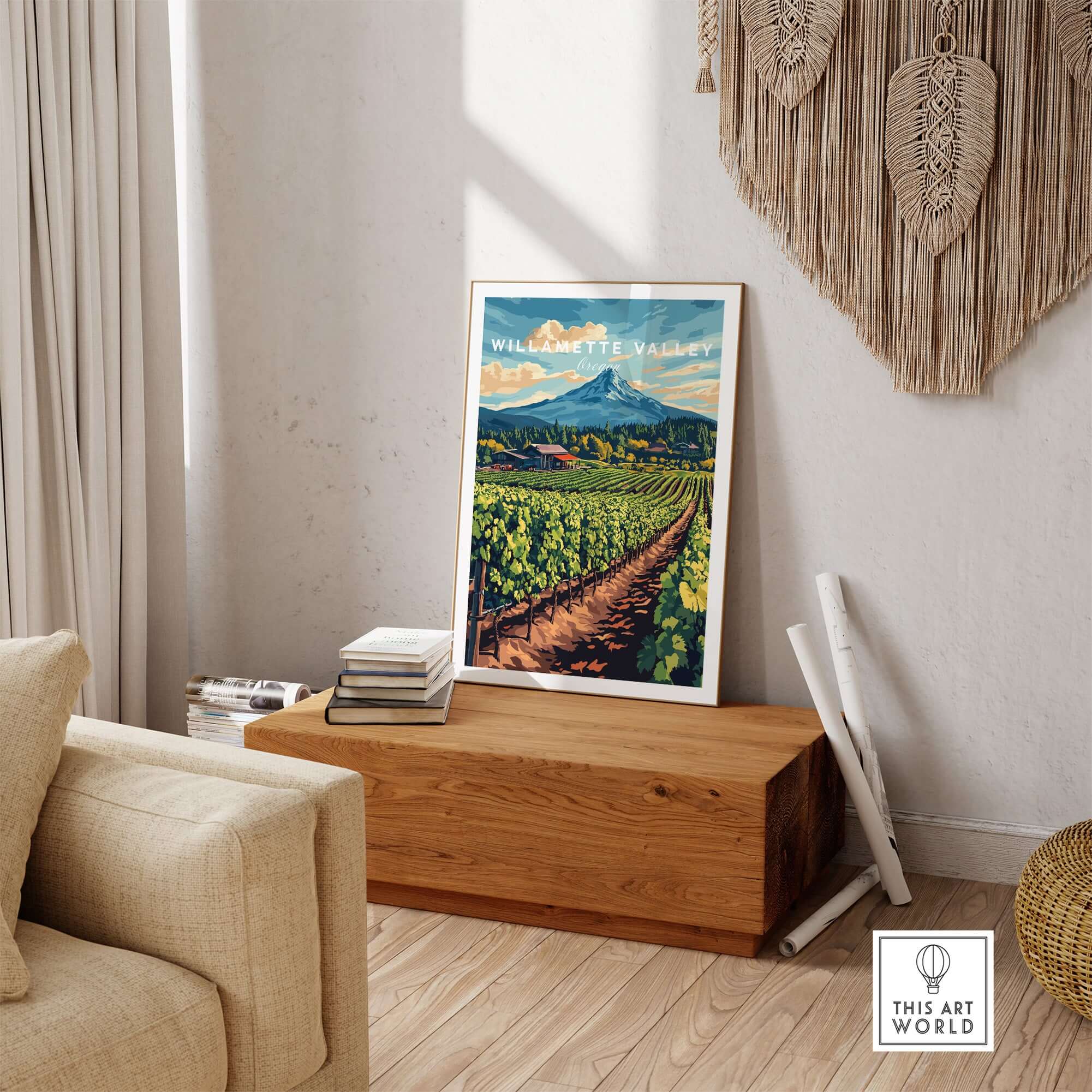 Willamette Valley Travel Print showcasing lush vineyards and scenic views in a stylish home setting.