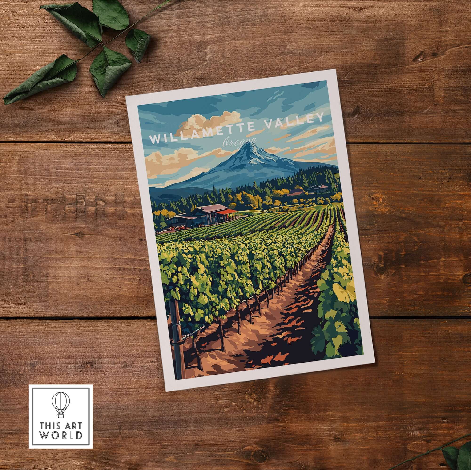 Willamette Valley Travel Print featuring vineyards and majestic mountain scenery in Oregon.
