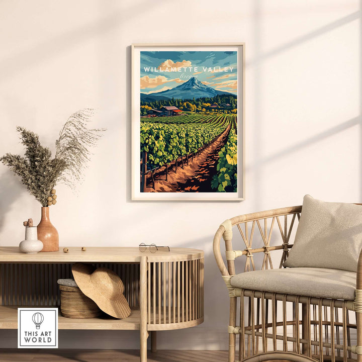 Willamette Valley travel print showcasing lush vineyards and mountains, perfect decor for wine lovers.