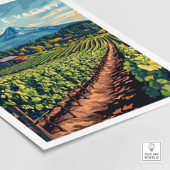 Willamette Valley Travel Print showcasing lush vineyards and mountains in Oregon's wine region.