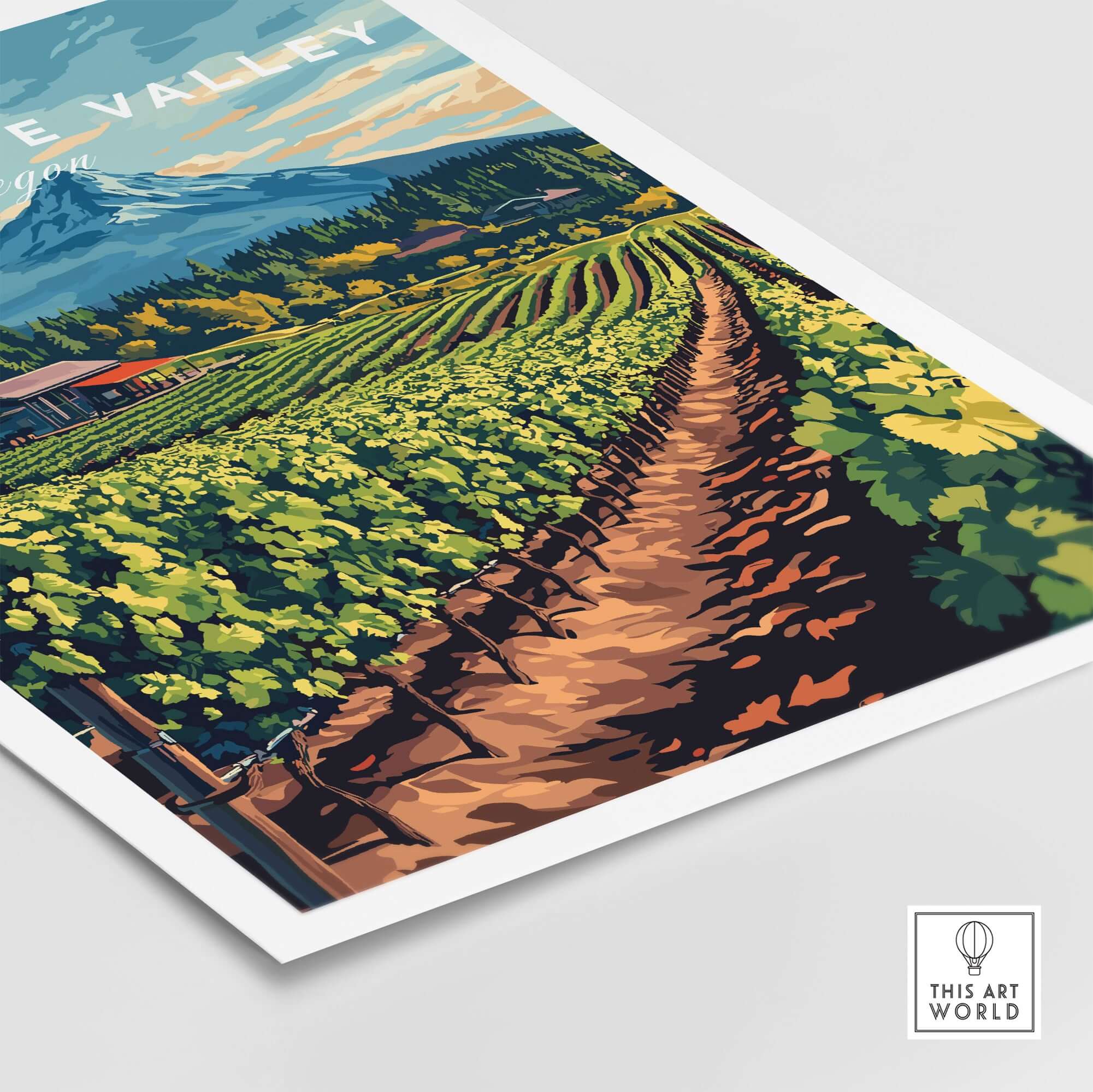 Willamette Valley Travel Print showcasing lush vineyards and mountains in Oregon's wine region.
