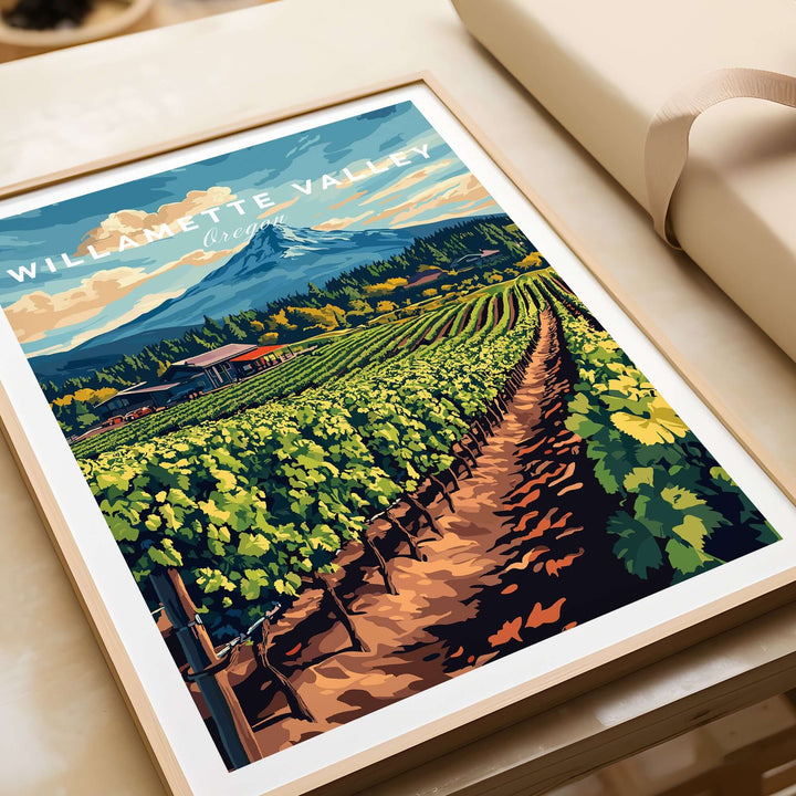 Willamette Valley travel print showcasing lush vineyards and mountains, perfect for wine lovers and travel enthusiasts.