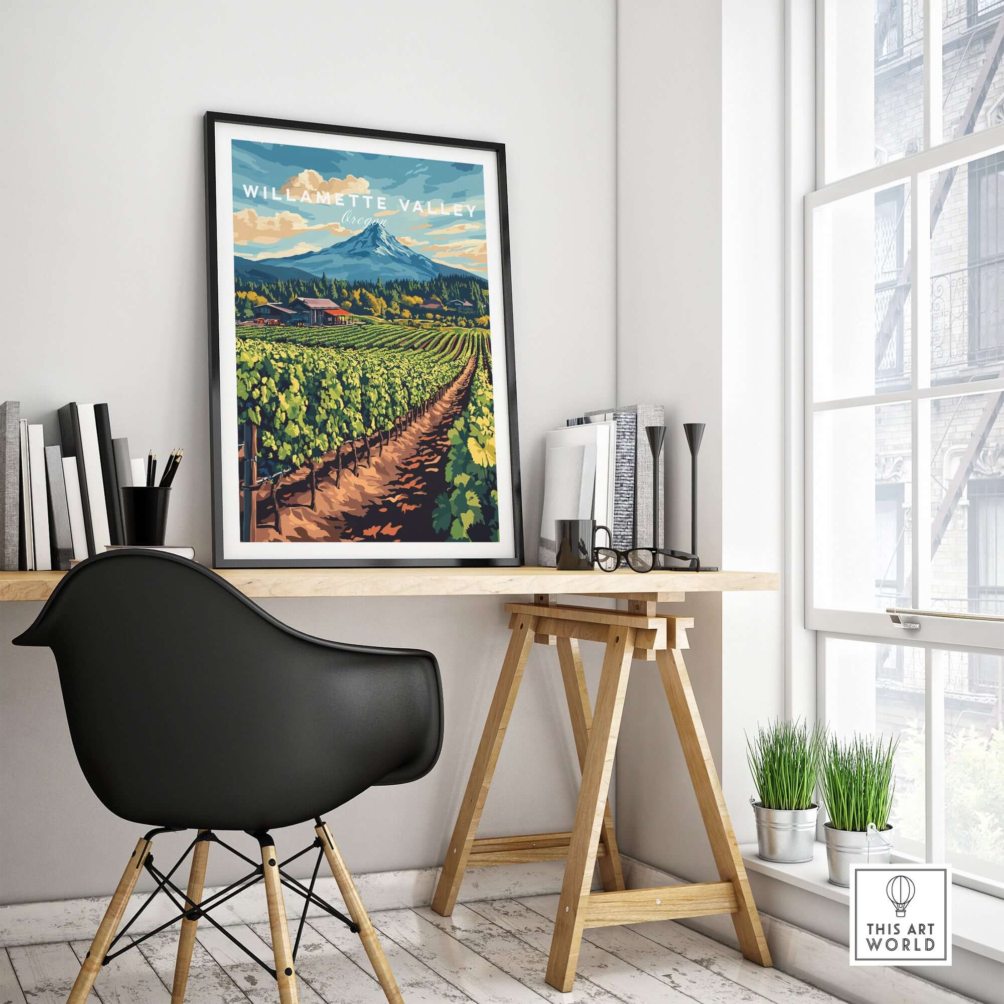 Willamette Valley Travel Print showcasing vineyards and mountain scenery in a stylish home office setting.