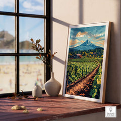 Willamette Valley Travel Print showcasing vineyards and scenic mountains, perfect for wine lovers and home decor.