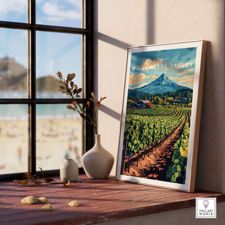 Willamette Valley travel print showcasing vineyards and a mountain view, perfect for home or office decor.