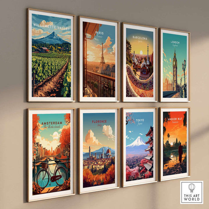 Collection of travel prints including Willamette Valley, Paris, Barcelona, London, and more, showcasing global landmarks.