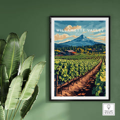 Willamette Valley Travel Print showcasing lush vineyards and scenic mountains in Oregon.