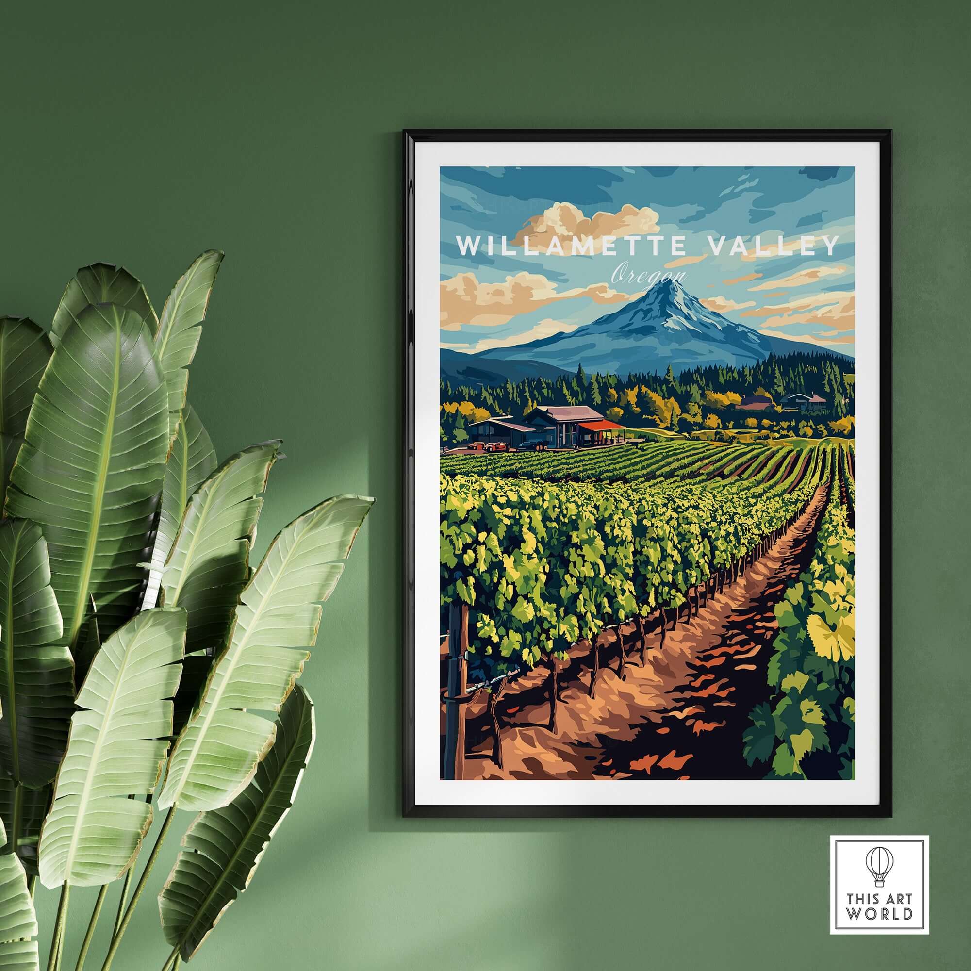 Willamette Valley Travel Print showcasing lush vineyards and scenic mountains in Oregon.