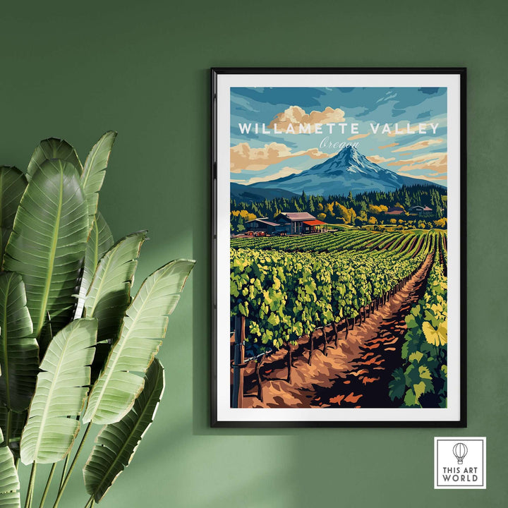 Willamette Valley travel print showcasing vineyards and mountains, ideal for wine lovers and home decor.