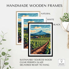 Willamette Valley Travel Print displayed in natural, white, and black handmade wooden frames.