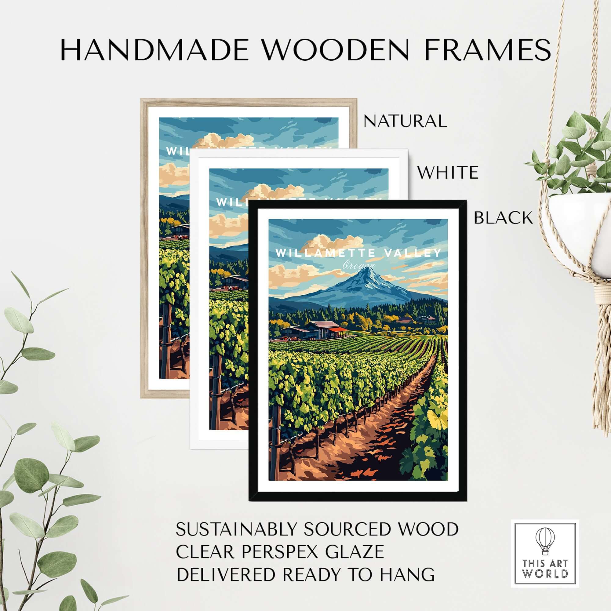 Willamette Valley Travel Print displayed in natural, white, and black handmade wooden frames.