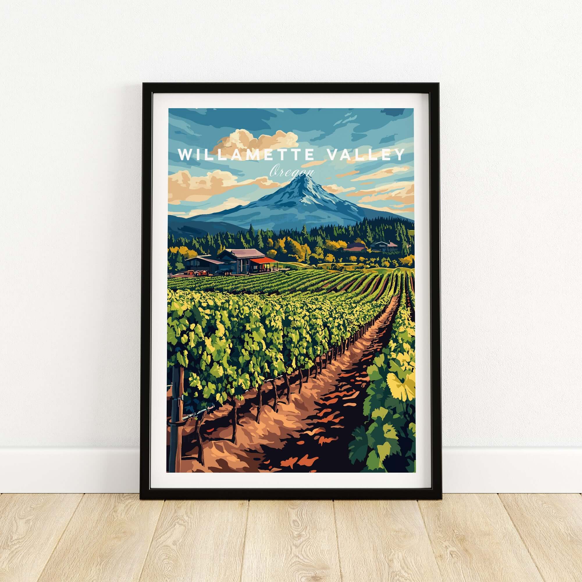 Willamette Valley Travel Print showcasing lush vineyards and breathtaking scenery of Oregon's wine region.