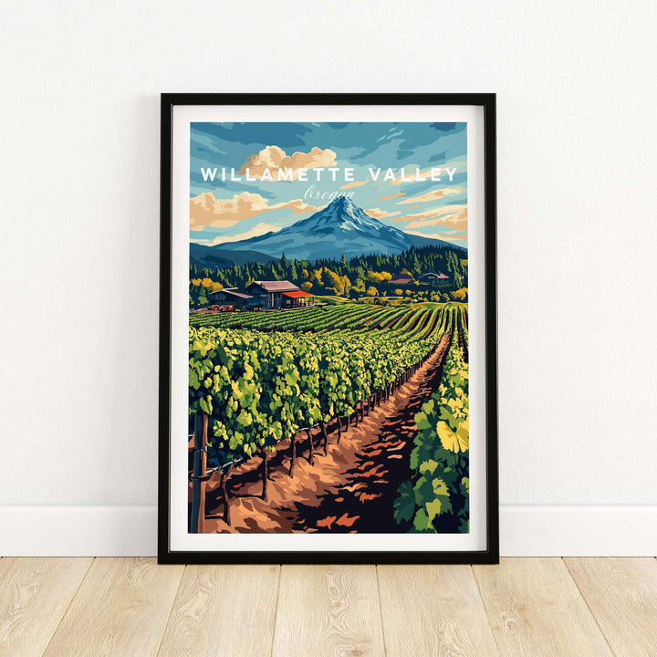 Willamette Valley travel print featuring lush vineyards and mountains, perfect for wine lovers and decor enthusiasts.