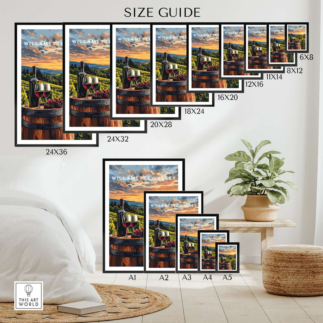 Willamette Valley Wall Art size guide showcasing various dimensions for home decor.