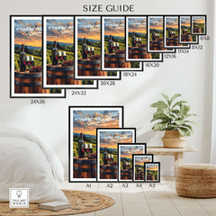 Willamette Valley Wall Art size guide displaying various frame sizes for home decor enhancement.