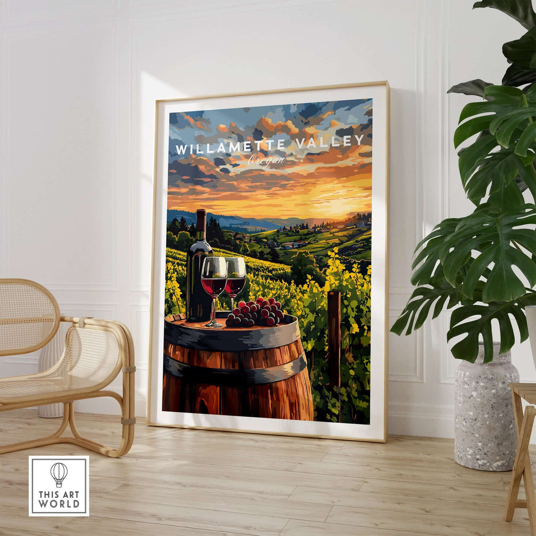 Willamette Valley wall art featuring a vineyard scene with wine glasses, capturing Oregon's stunning sunset colors.