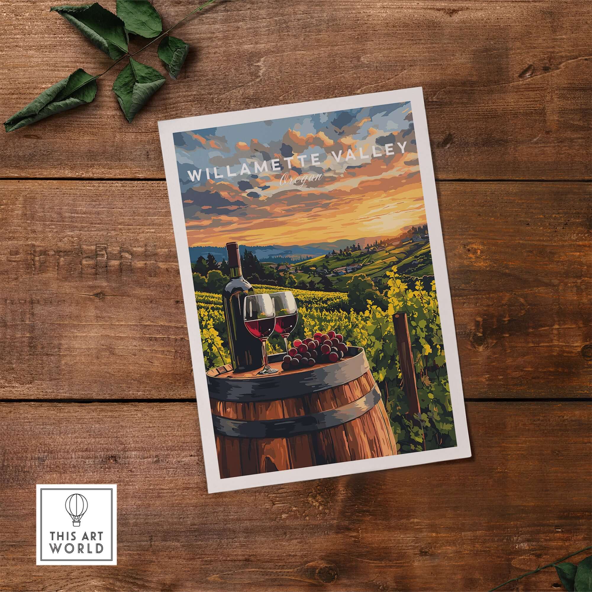 Willamette Valley Wall Art featuring a vineyard scene with sunset, wine glasses, and grapes on a wooden barrel.
