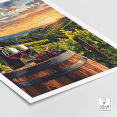 Willamette Valley Wall Art featuring vineyard scene with wine and grapes in vibrant colors.