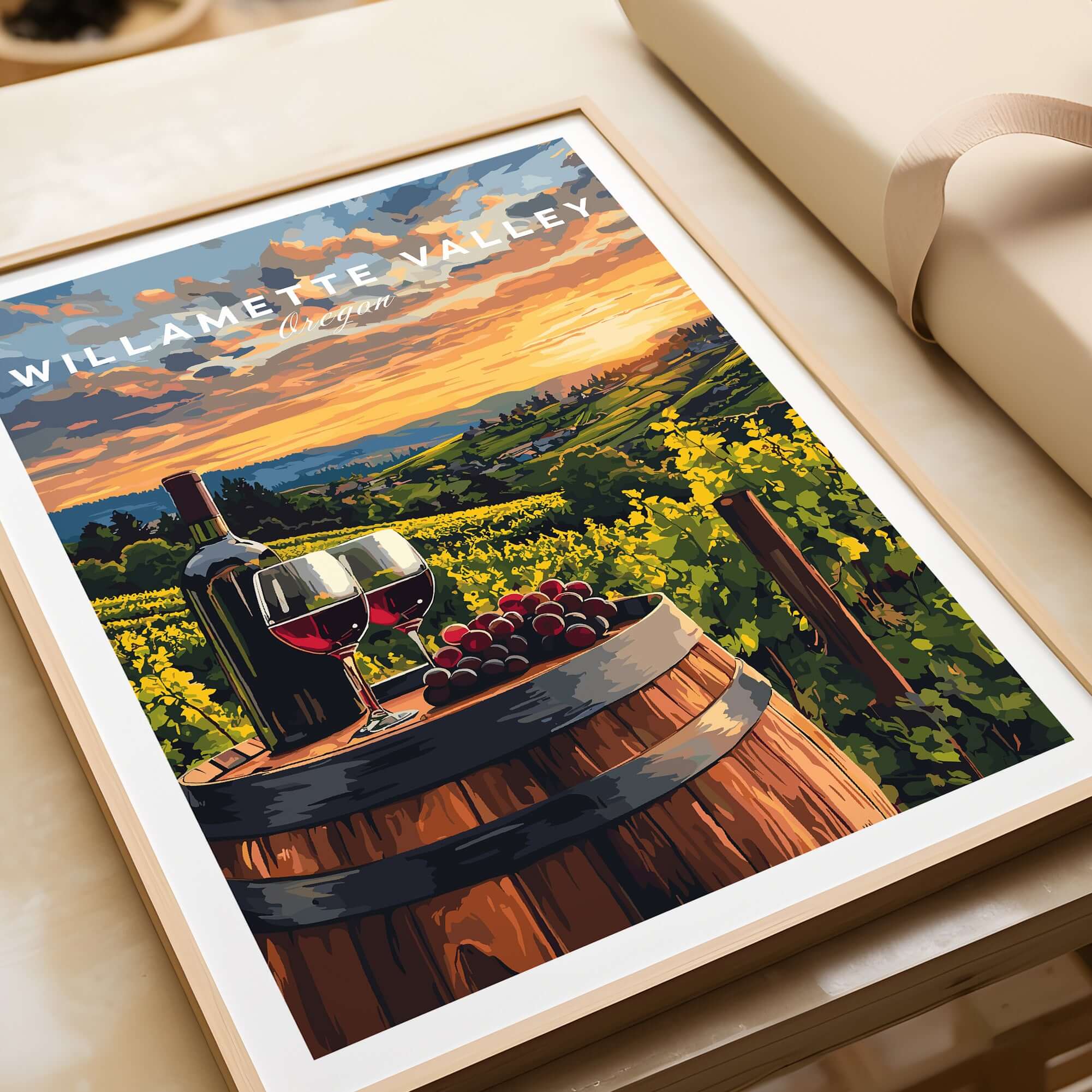 Willamette Valley Wall Art featuring a vineyard scene with wine glasses and grapes, showcasing Oregon's wine country.