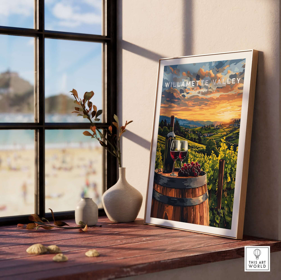 Willamette Valley wall art featuring a serene vineyard scene and wine glass, capturing Oregon's natural beauty.