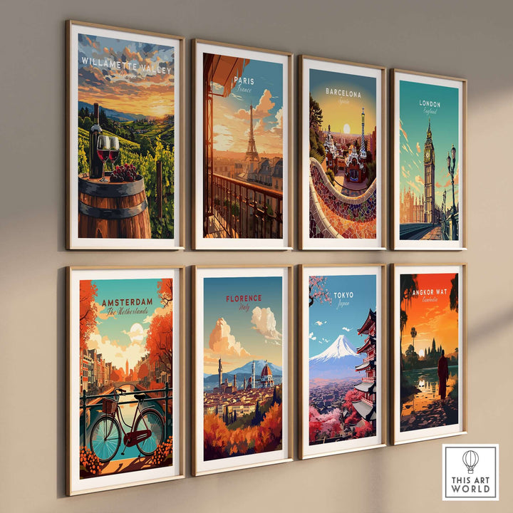 Vibrant wall art collection featuring Willamette Valley, Paris, Barcelona, London, and more scenic cityscapes.