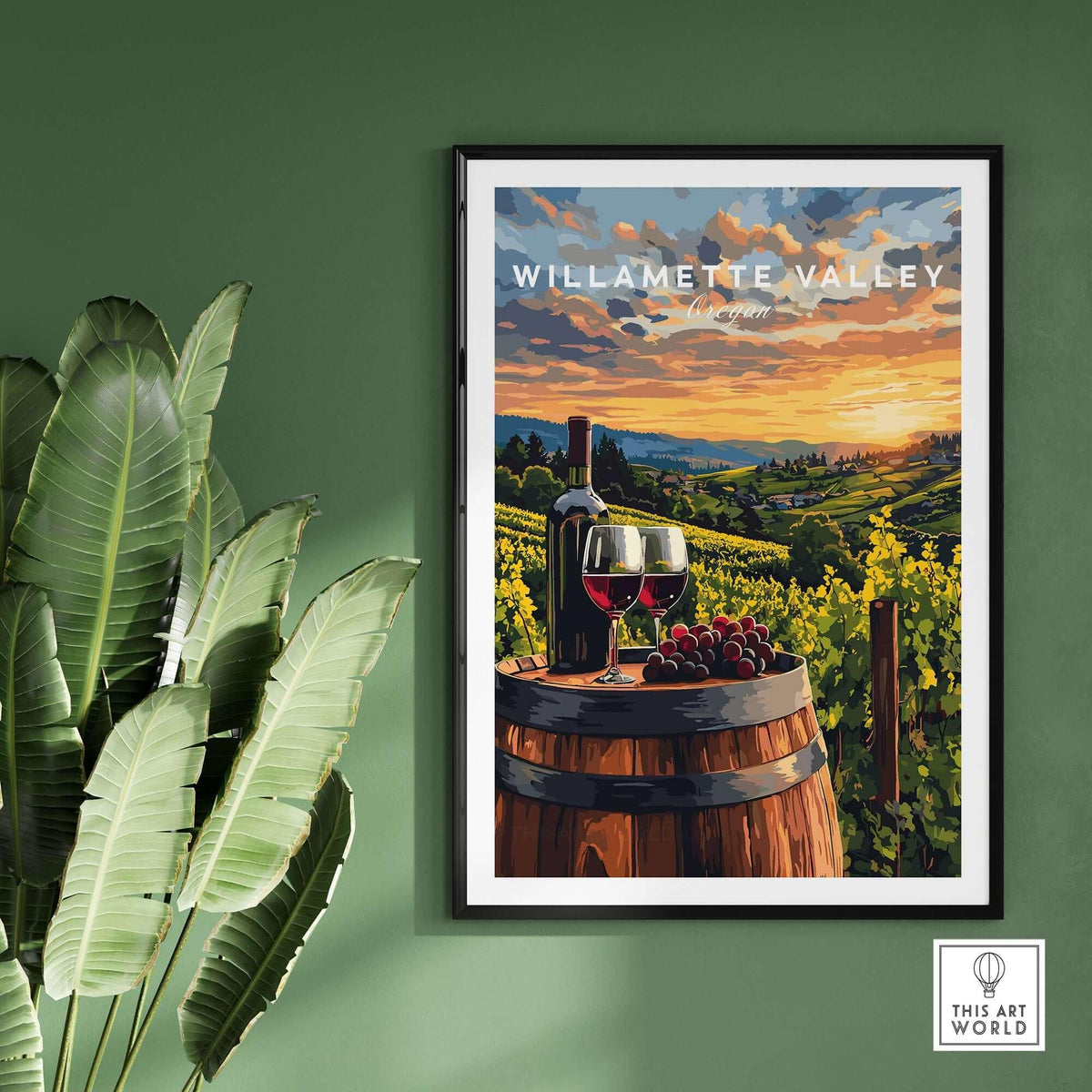 Willamette Valley Wall Art featuring a vineyard scene with wine and grapes on a barrel.