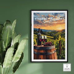 Willamette Valley Wall Art featuring a vineyard scene with wine and grapes on a barrel.