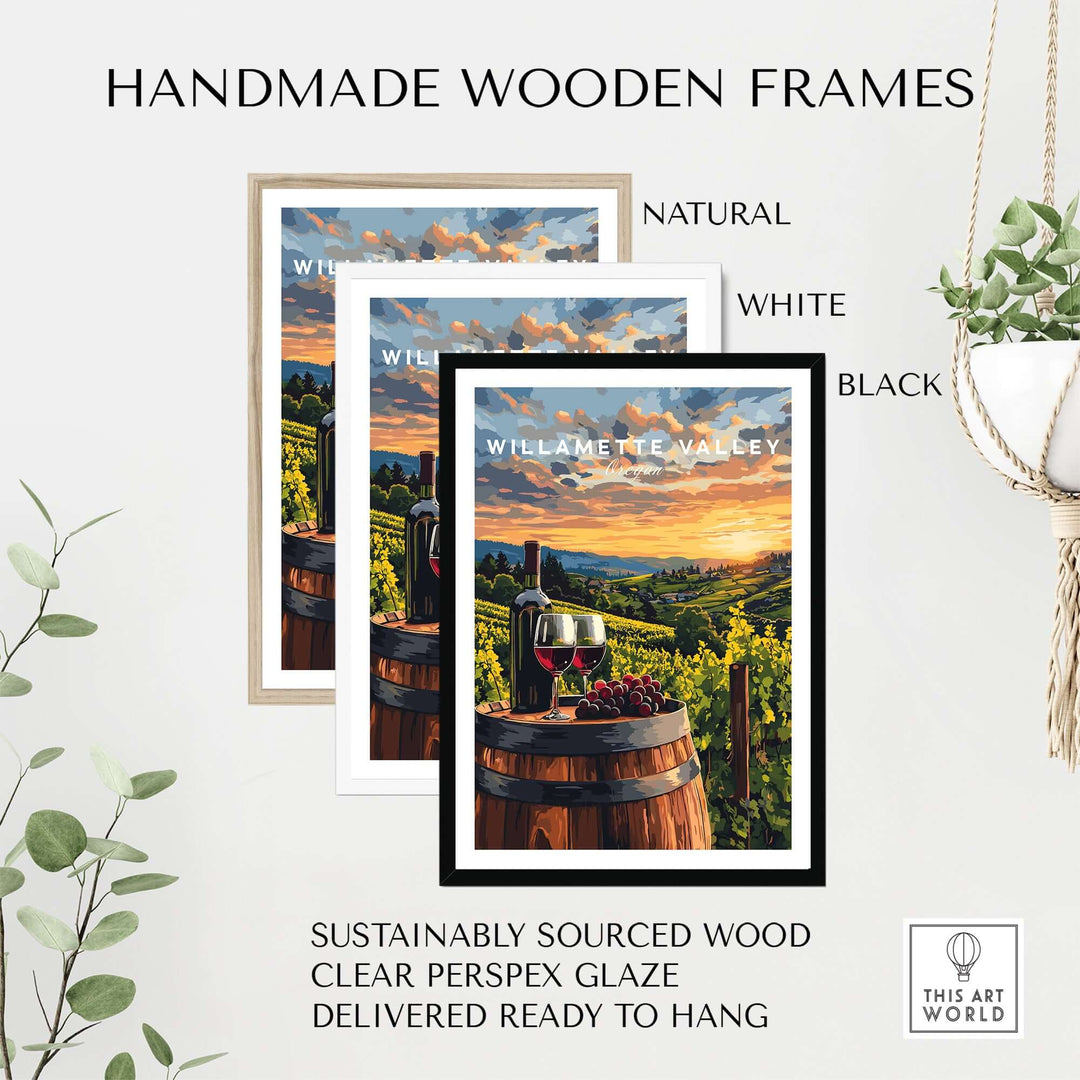 Handmade wooden frames in natural, white, and black for Willamette Valley wall art, featuring vineyard scene.