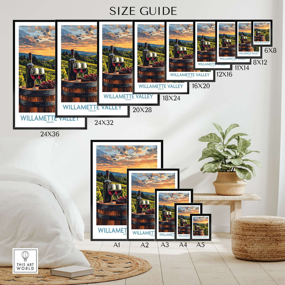 Size guide for Willamette Valley Wall Art Print, showcasing various dimensions and placement options in a living room setting.