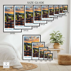 Willamette Valley Wall Art Print size guide showcasing various dimensions and framing options.