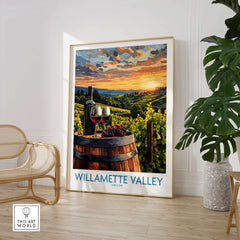 Willamette Valley Wall Art Print featuring vineyards and a scenic sunset over a wine barrel with glasses.