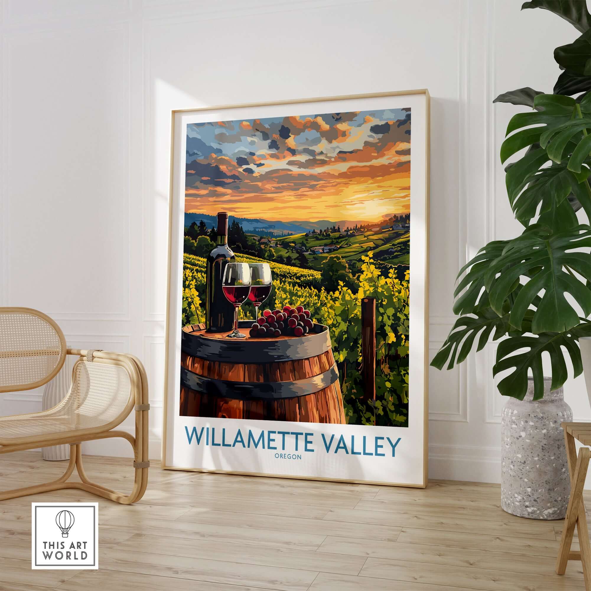 Willamette Valley Wall Art Print featuring vineyards and a scenic sunset over a wine barrel with glasses.