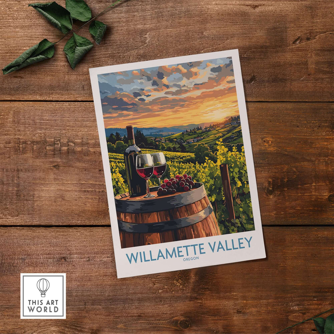 Willamette Valley wall art print featuring vineyards, a wine bottle, and grapes, perfect for home decor.