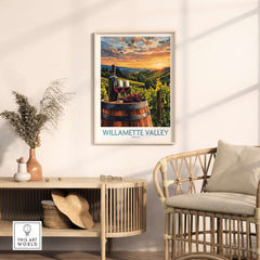 Willamette Valley Wall Art Print featuring vineyards and sunset in a stylish interior setting.