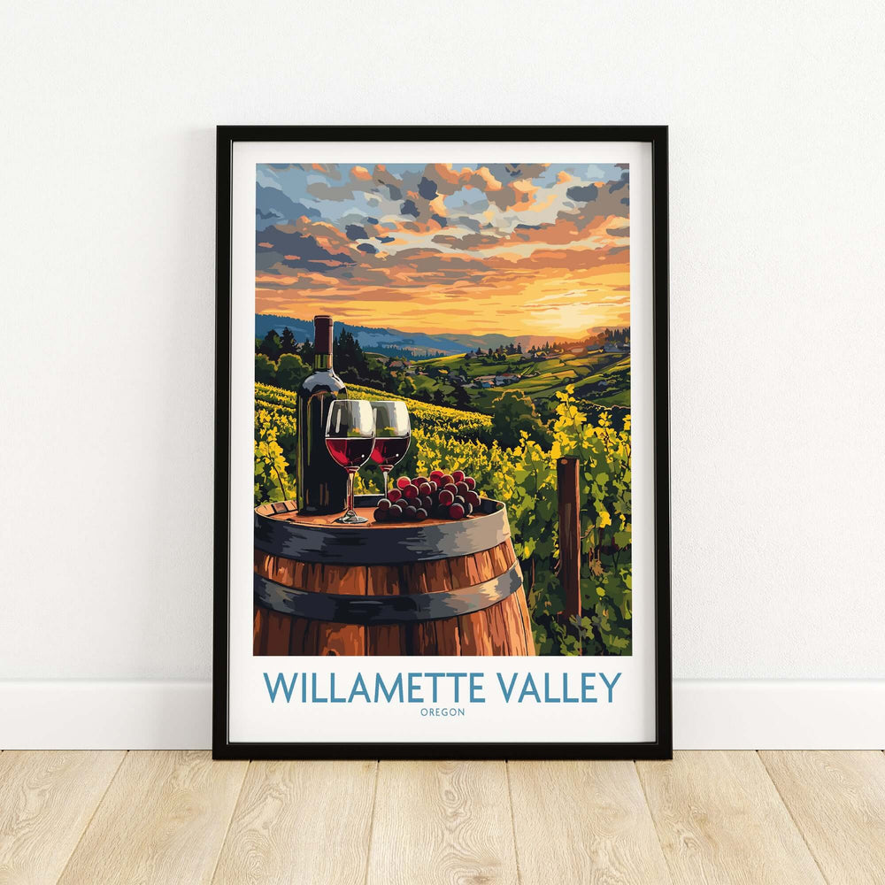 Willamette Valley Wall Art Print featuring vineyards, wine glasses, and sunset, perfect for home decor.