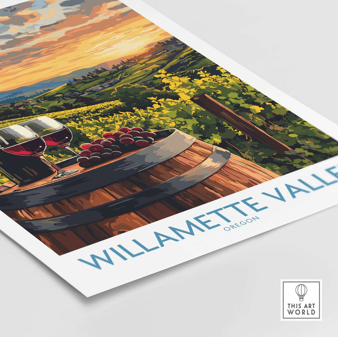 Willamette Valley Wall Art Print featuring wine glasses, grapes, and vineyards in Oregon, perfect for home decor.