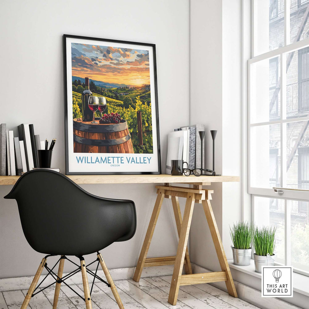 Willamette Valley wall art print showcasing vineyards in a stylish home office setting, enhancing serene decor.