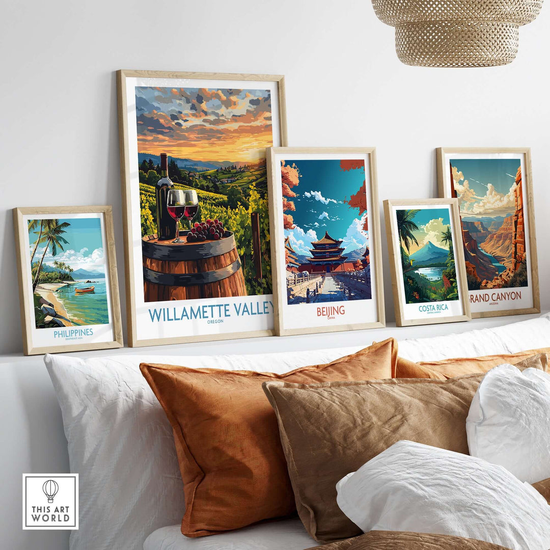 Colorful Willamette Valley Wall Art Print among other travel-themed prints on a stylish shelf.