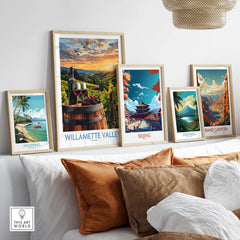 Willamette Valley Wall Art Print showcased among framed artworks on a stylish shelf, enhancing home decor.